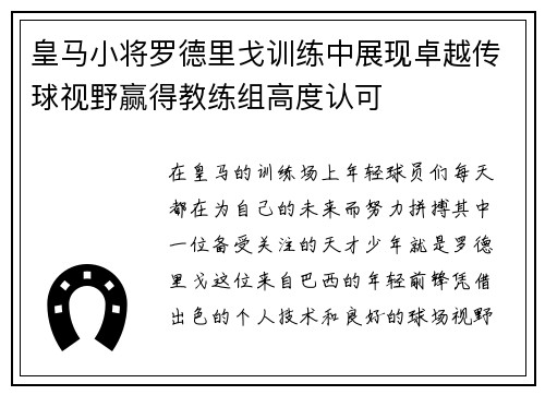 皇马小将罗德里戈训练中展现卓越传球视野赢得教练组高度认可 皇马小将罗德里戈训练中展现卓越传球视野赢得教练组高度认可
