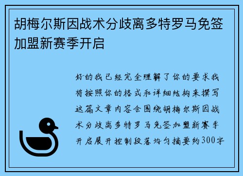 胡梅尔斯因战术分歧离多特罗马免签加盟新赛季开启